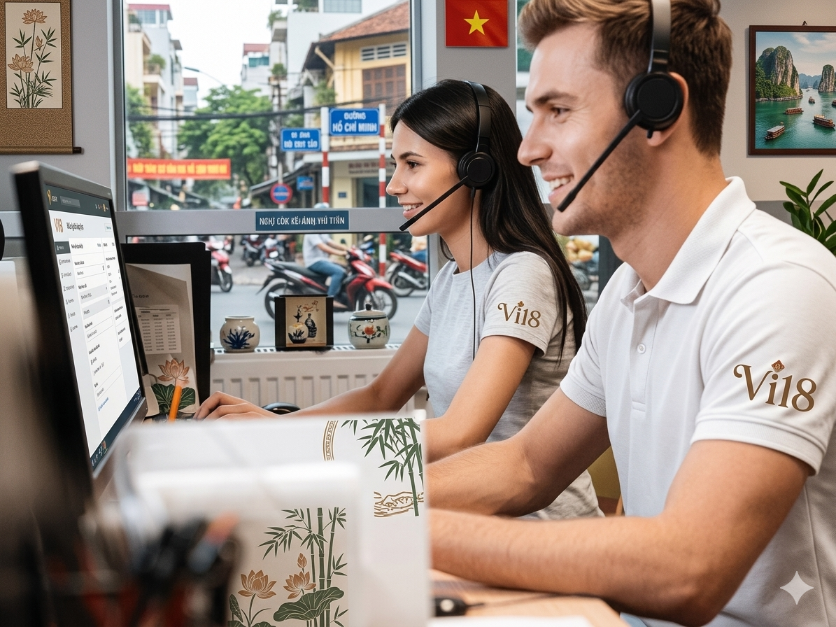 dong-phuc-cong-so-vi18-phong-cach-viet-nam Đồng phục công sở Vi18 phong cách Việt Nam với logo thêu trên tay áo, phù hợp cho nhân viên tư vấn, CSKH.